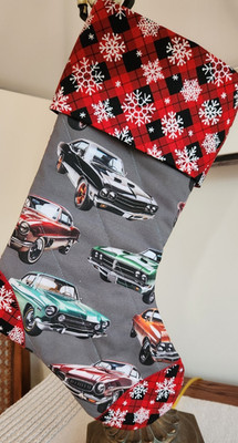 Handmade Quilted Classic Cars Christmas Stocking 16 in x 10 in