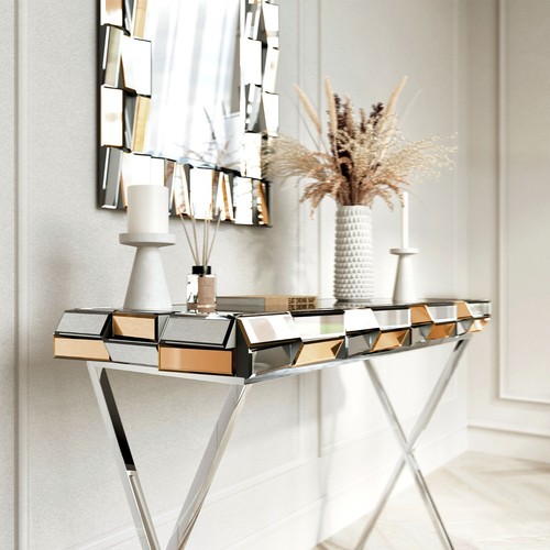 Rosegold Mirrored Console Table & Modern Glass Wall Mirror Living Room Furniture - Picture 2 of 5