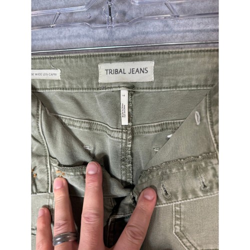 Jeans tribali Audrey vita media gamba larga Capri bottone verde oliva taglia 14 - Foto 6 di 11