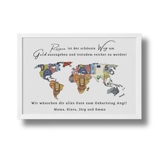 Geldgeschenk Geburtstag personalisiert, Weltkarte zum Geburtstag, Gutschein