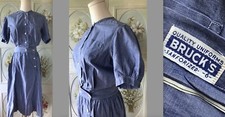 VTG 40s WW2 BRUCKS SANFORIZED NURSE UNIFORM DRESS BLUE CHAMBRAY ALL COTTON EUC 6
