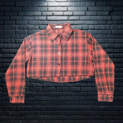 Romwe Top Corto Roja Corte Ancho Manga Larga a Cuadros Mujer Talla Pequeña 