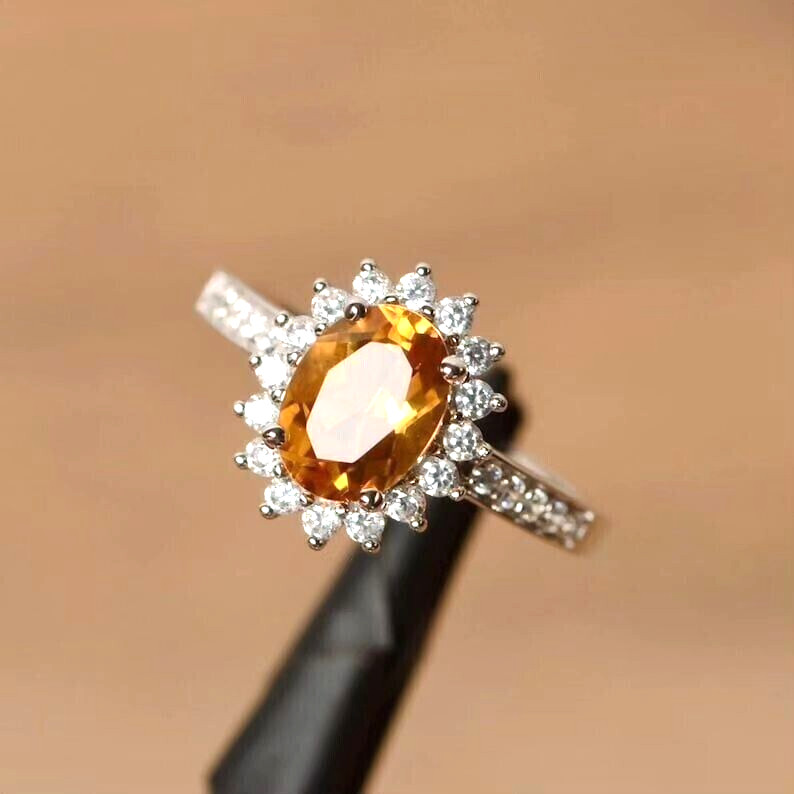 Sterling Silver Oval Yellow Citrine & CZ Dainty Promise Ring  