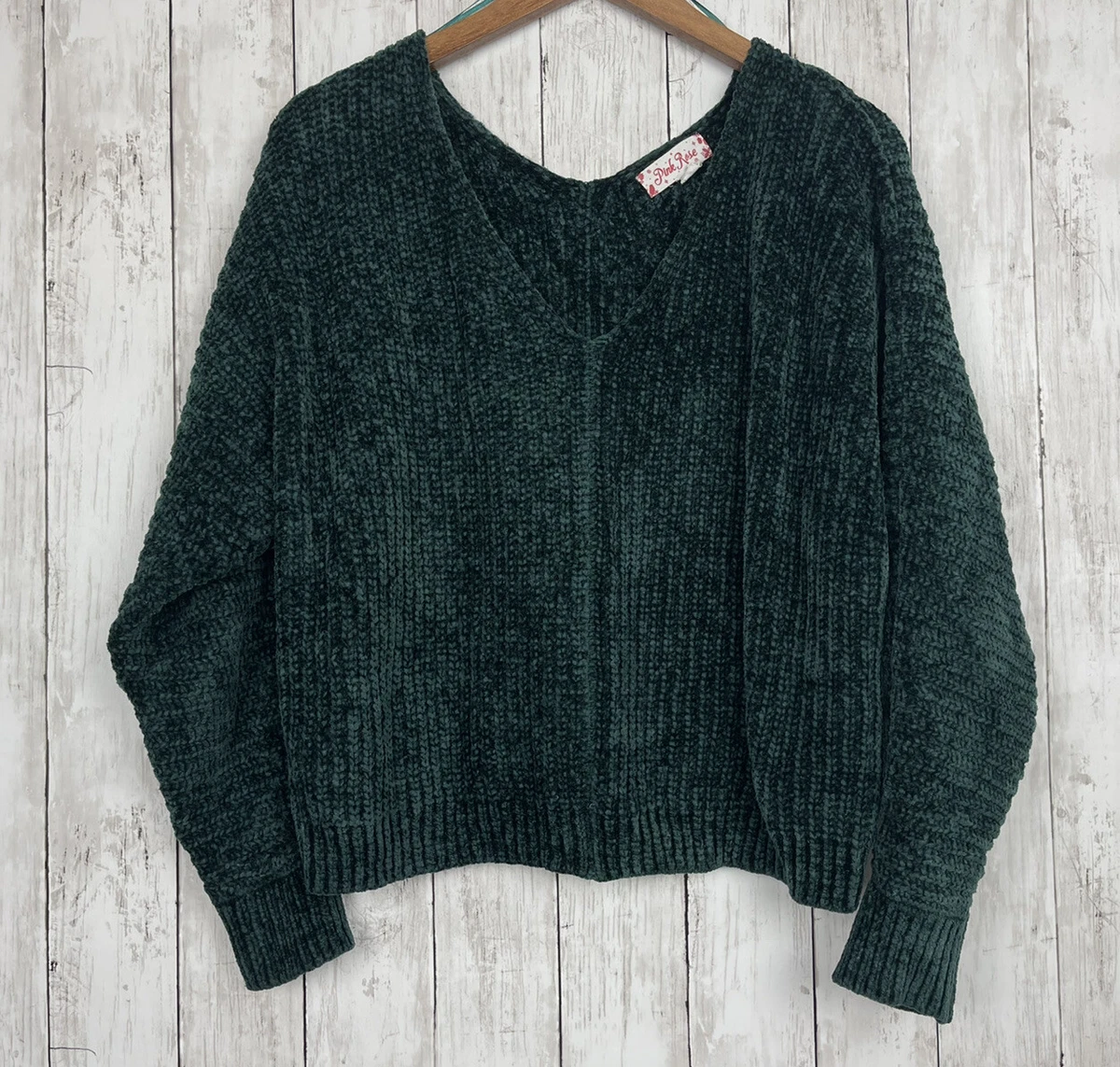 Pink Rose Women s V Neck Chenille Sweater size XS Green eBay