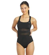 NIKE MESH SOLID EDGE V-BACK SWIMSUIT ONE PIECE BLACK SIZE SMALL