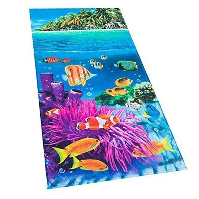Tropical Island Beach Towel 30 x 60 inch 100% Cotton Coral Reef and Fishes