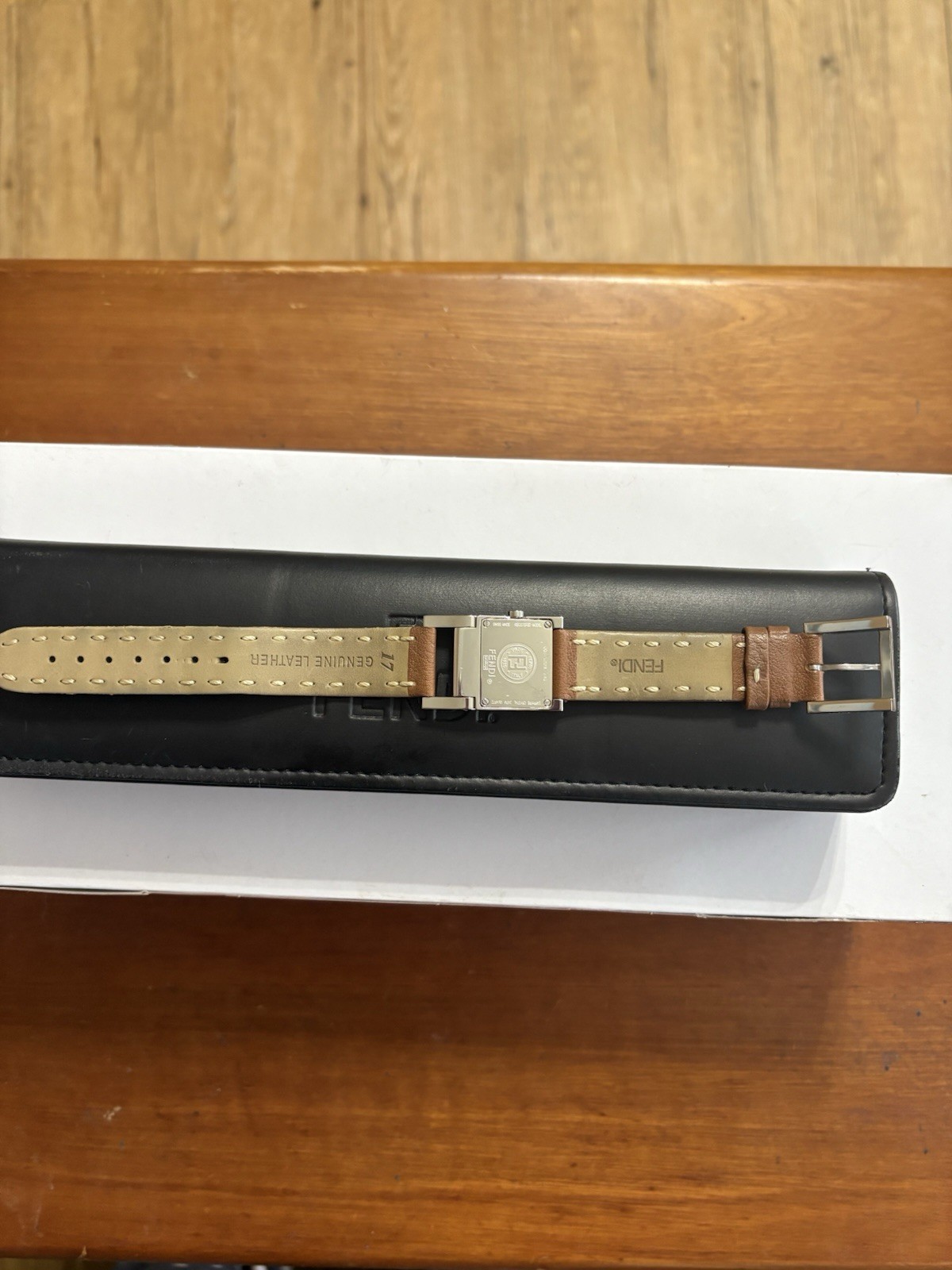 Fendi rectangular silver-tone watch with a tan le… - image 12