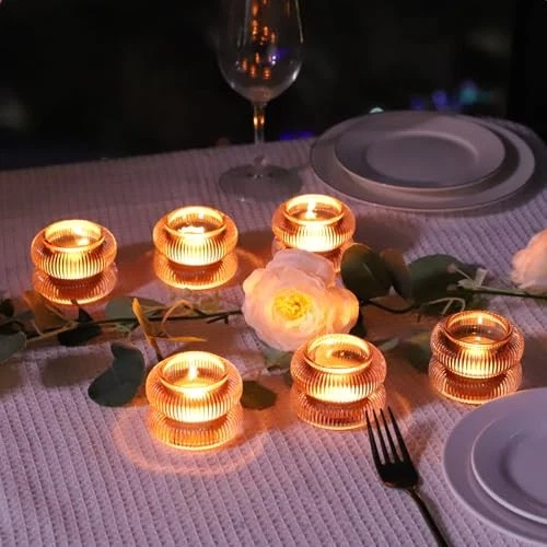  Conjunto de castiçais votivos com nervuras para mesa de casamento, âmbar Tealight 6 marrom - Imagem 4 de 4