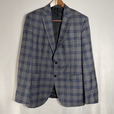 Hugo Boss Blazer Virgin Wool Plaid Two Button Grey Blue Mens 46R