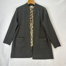 Chico's Womens Sz 2 L Gray Longline Jacket Cardigan Animal Print Back Pockets