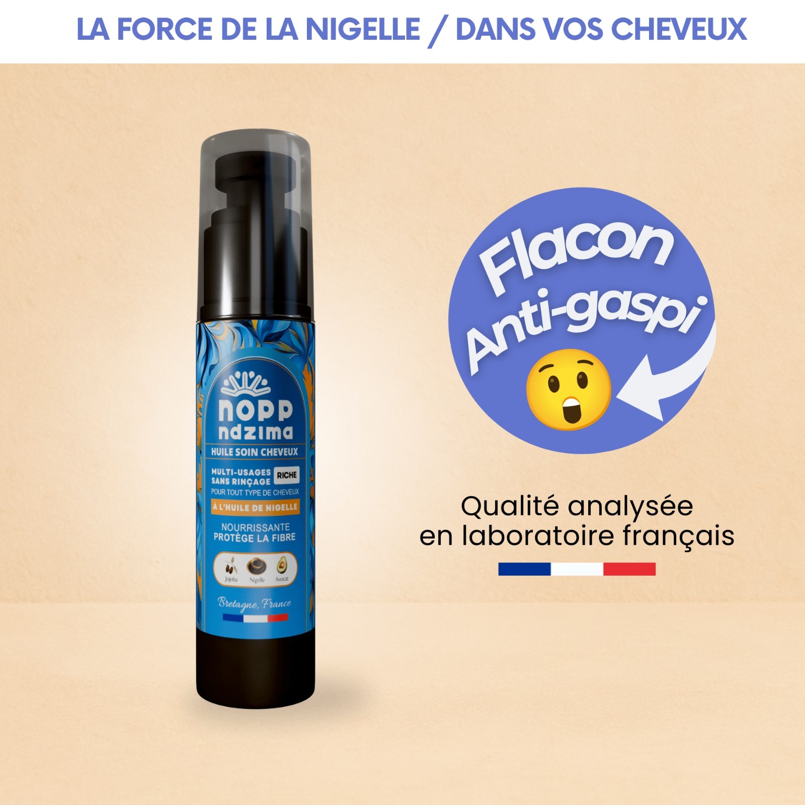 Huile de nigelle pour cuir chevelu irrité et cheveux cassants avec pompe