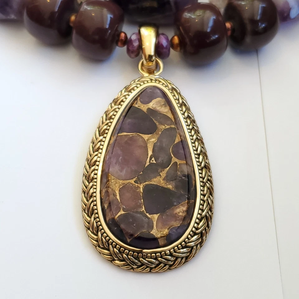 Барс золотистый бронзовый коренастый двойной прядь фиолетовый аметист подвеска ожерелье - Изображение 3 из 4