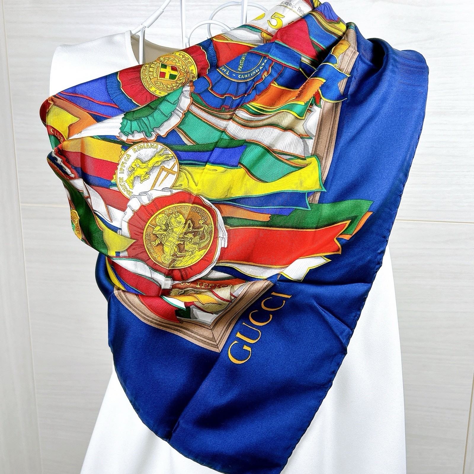 Vintage GUCCI Silk Scarf 34 Square with Horse Medal Print and Blue Border Preowned