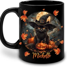 Custom Name Black Cat Halloween Mug – Spooky Gift Coffee Cup 11oz - 15oz  NEW