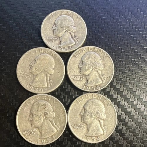 5 1950-1958 Silver Washington Quarters Circulated Denver Uncertified Lot