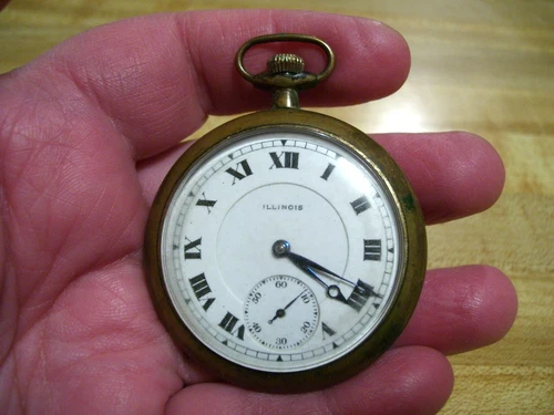 Antique Illinois 17 Jewel Open Face Gold Filled Pocket Watch Running
