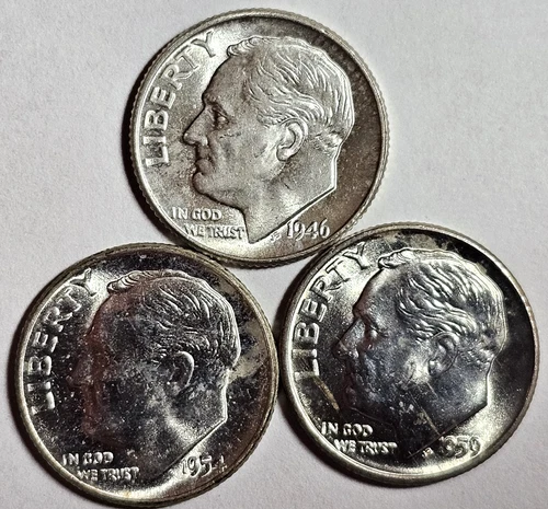 1946 1954 1959D BU Silver Roosevelt Dimes (3 coins) Free Shipping
