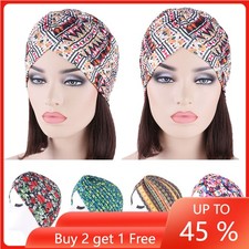 Women Printed Pleated Hijab Hat Chemo Cap Muslim Hair Loss Head Scarf Wrap Cover
