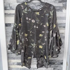 Lauren Conrad Womens Gray Floral Hippie Boho Chic Top Shirt Blouse XL