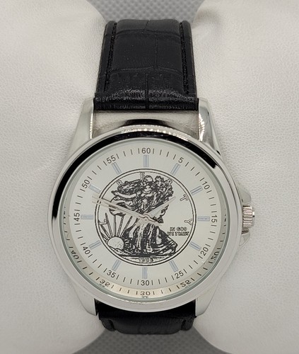 Mens Classic Lady Liberty Dial Silver Tone Black Faux Leather Strap Watch J8 - Picture 5 of 9