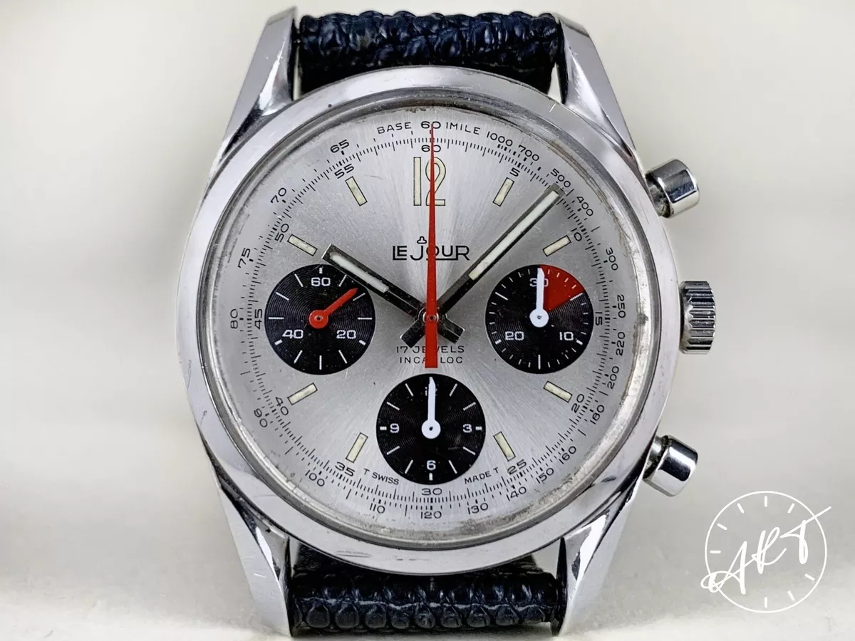 RARE Vintage Le Jour Valjoux 72 Chronograph Manual Wind Panda Dial Watch