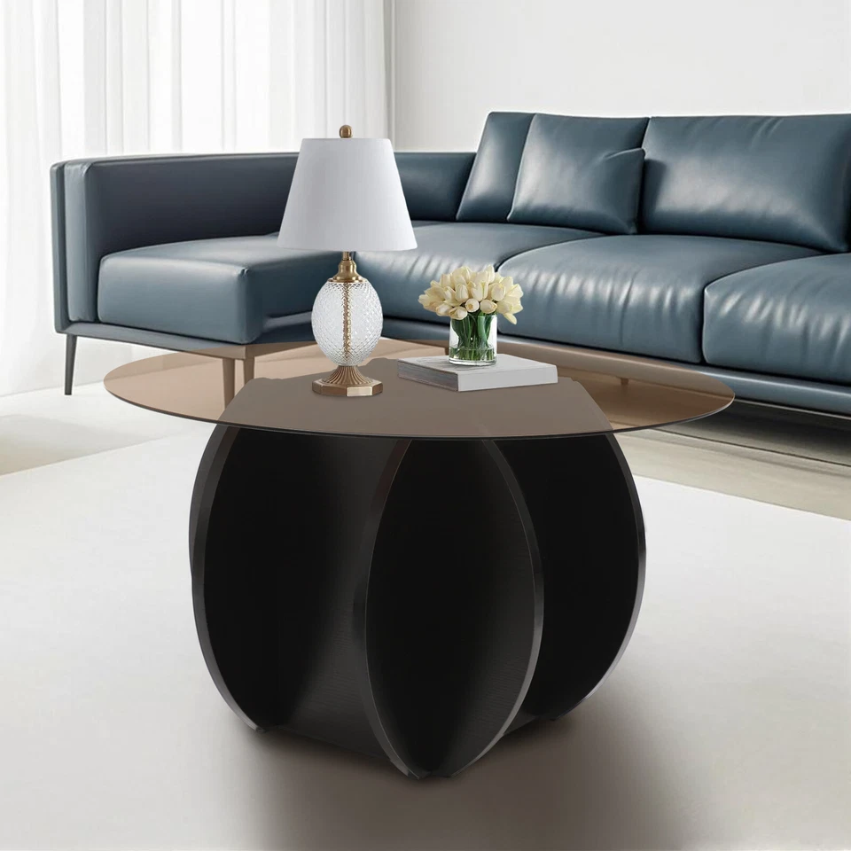 31" Round Glass Tabletop Coffee Table Unique Circle Center Table with Wood Base - Image 2 of 4