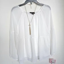 Amy's Closet White Lined Boho Long Sleeve  W/Necklace Top L(14)