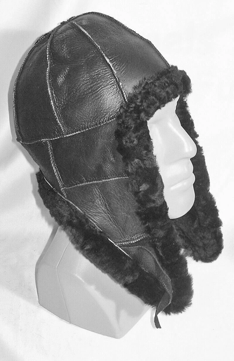 BLACK Warm Sheepskin Shearling Leather Russian Ushanka Trapper Hat L-XL