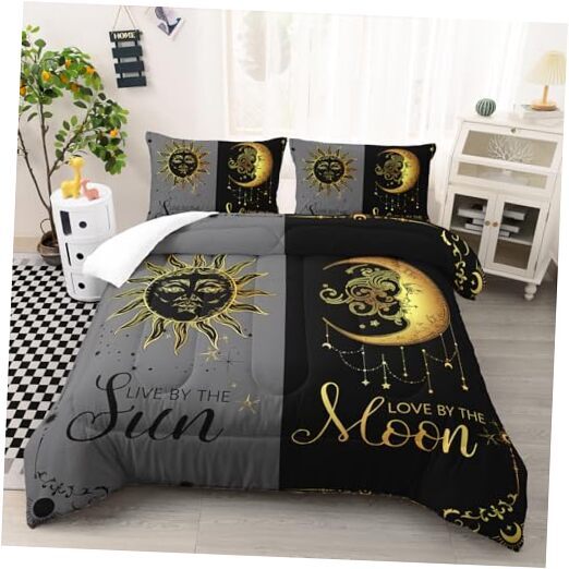 Moon and Sun Bedding Set Size， Boho Style 3pcs Bedding Set, Grey Queen Style 5