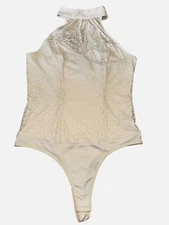 Bebe Lace Mock Neck Thong Bodysuit Large Ivory White Sexy Y2K Rock Victorian Top