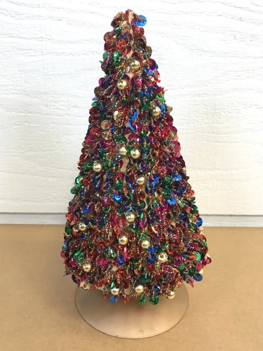 Unique 10" Vintage Beaded Sequin Christmas Tree Table Top MCM - Picture 3 of 10