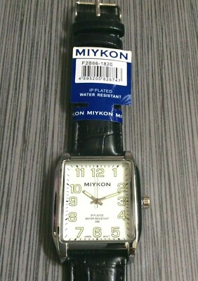 Miykon Men's Watch Rectangle White Dial Green Arabic Hours on Black Leather Band
