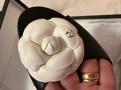 Chanel Camellia Black Leather Slides, Low Heel, Size 40 | eBay