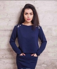 WOMEN WOOL DESIGNER MODERN BLUE SUIT SET WITH SKIRT AND RHINESTONES