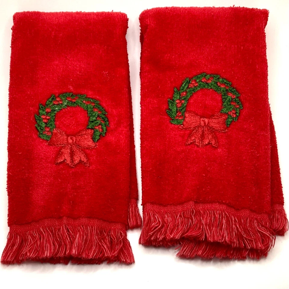 Toallas de mano de Navidad vintage años 90 Fieldcrest flecos bordado EXCELENTE ESTADO Foto 3 de 4