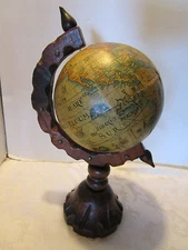 Vintage MCM Tabletop  World Globe rotating wood base Spain handmade 15.75”t 1960