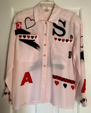 ESCADA VINTAGE SILK BLOUSE IN PALE PINK LOGO HEART PRINT IN RED BLACK 38  ITALY