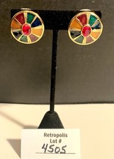 Gold Tone Byzantine Style Earrings Multi-Color Enamel Clip-on Round Vintage