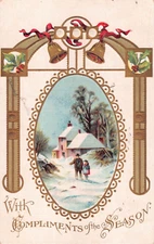 1910 Christmas PC-Bells & Holly-Father & Daughter Walking in Snow Near Home