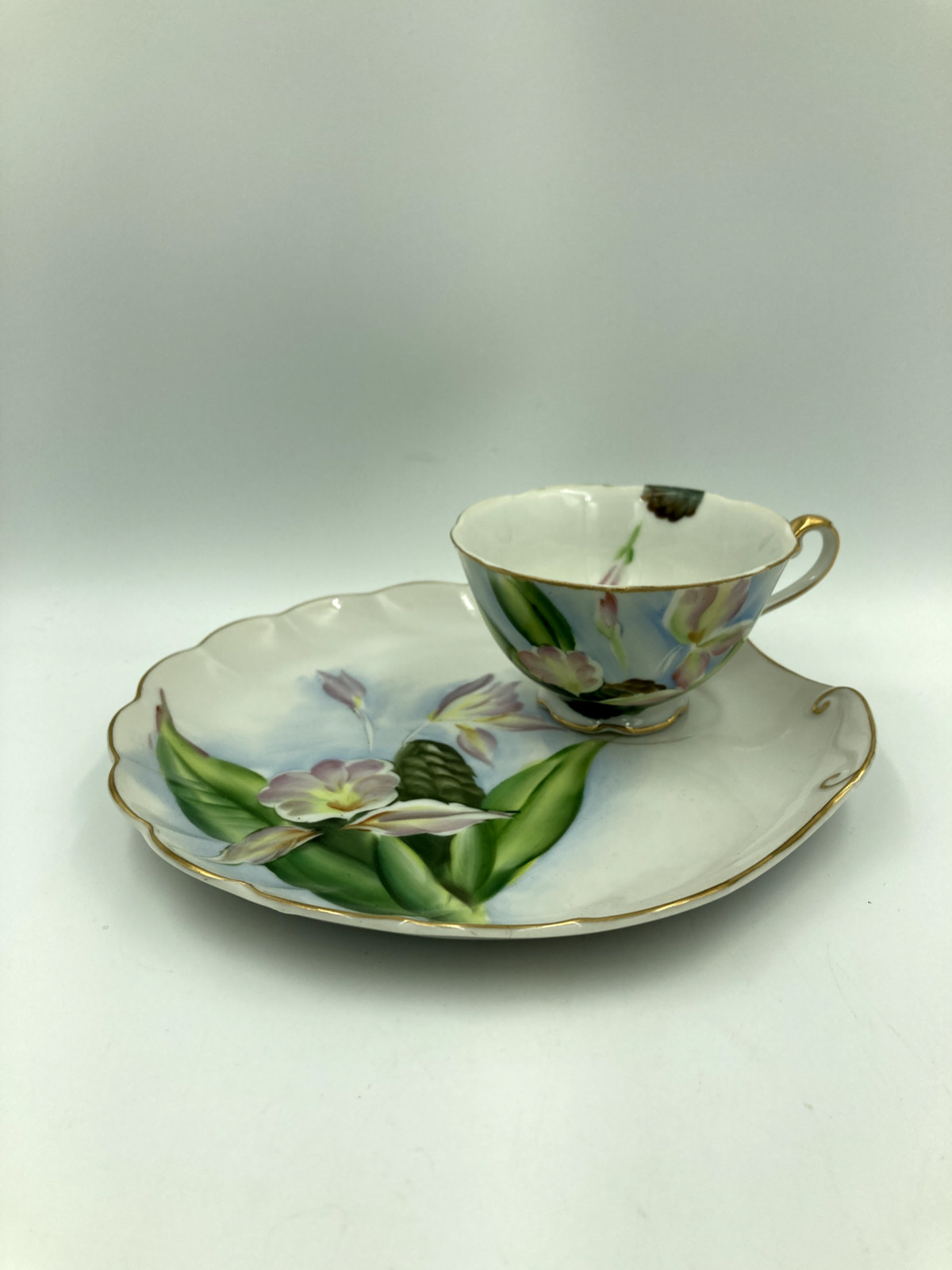 FOUR sets vtg cups/plates - 8 pcs/4 diff hand painted HI flowers/~50s japan NICE