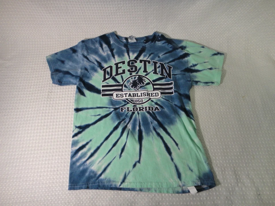 Camiseta Destin Florida Souvenir Verde y Azul Tie Dye Algodón Talla Niños M Gildan Foto 2 de 4