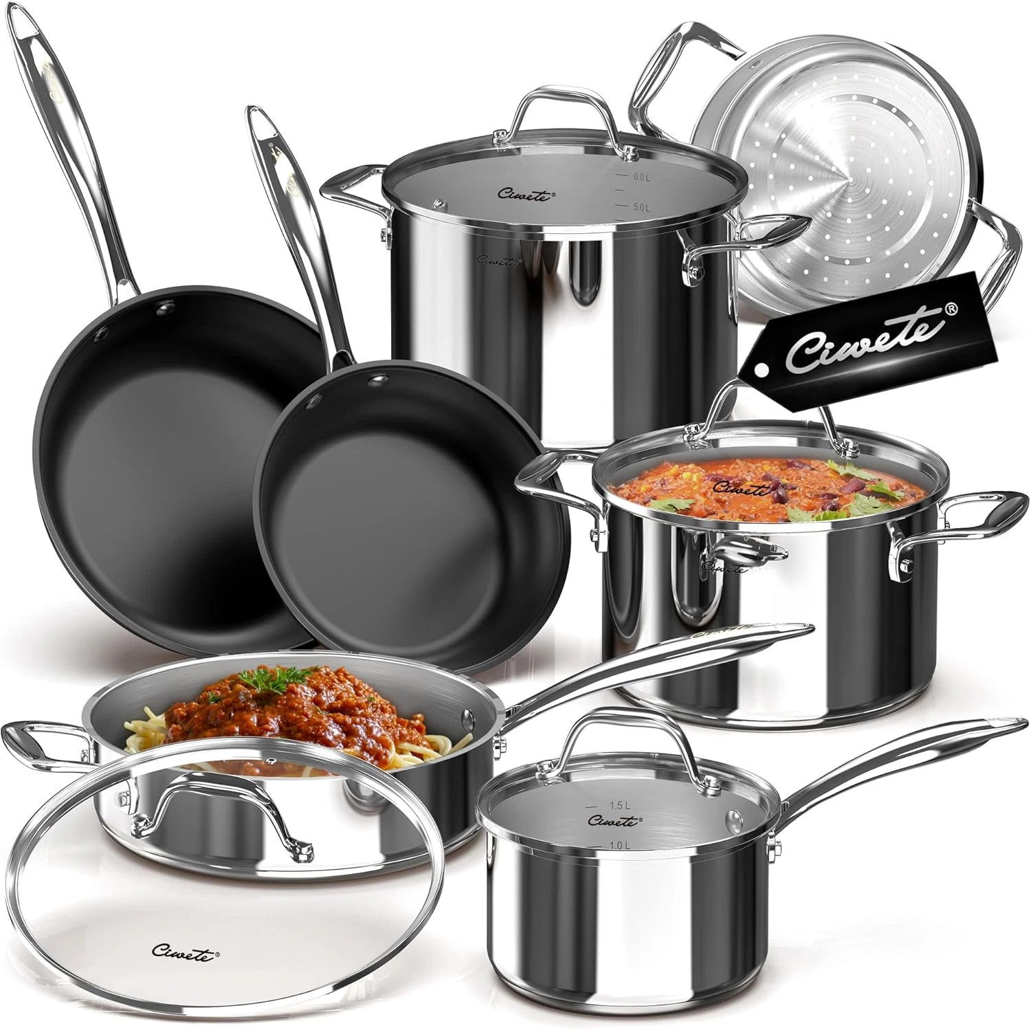11-Piece Tri-Ply Stainless Steel Non-Stick Cookware Set with Steamer Insert