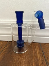 14MM CLEAR GLASS WATER PIPE ASH CATCHER CLEAR DOUBLE SHOWER PERC 45DEGREE BLUE