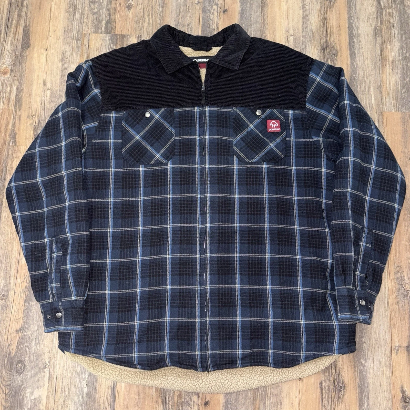 Wolverine Shacket Mens XL Blue Plaid Sherpa Lined Full Zip Flannel Corduroy Warm