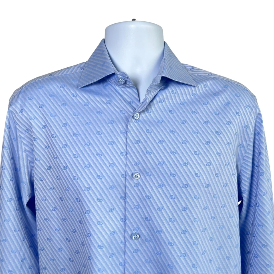Bugatchi Uomo Mens Diagonal Strip Paisley Dress Shirt Blue Size EU 40 US 16 - Image 2 of 4