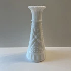 Vintage White Milk Glass Stars Bars Tapered Flower Bud Vase 6” Tall