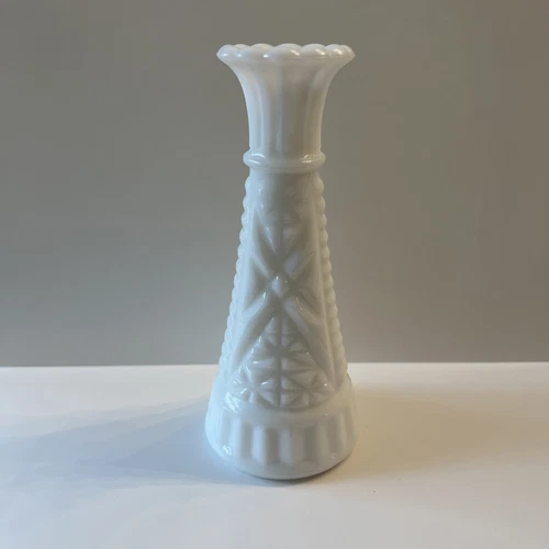 Vintage White Milk Glass Stars Bars Tapered Flower Bud Vase 6” Tall