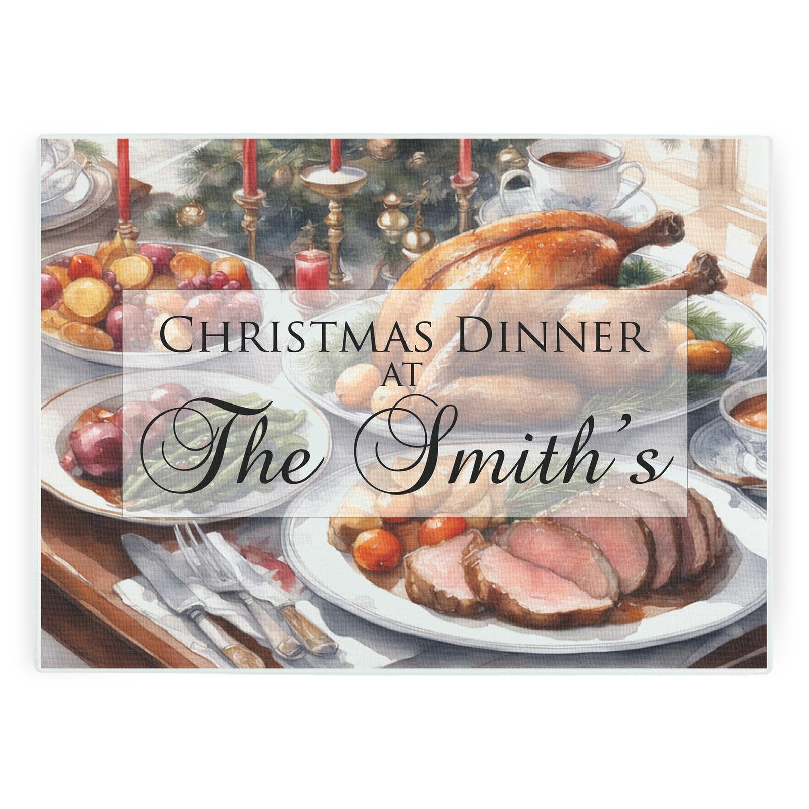 Personalised Christmas Dinner Glass Worktop Protector/Cutting Board Gift