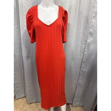 Nine West Womens Ribbed Knit Puff Sleeve V-Neck Midi Dress Orange Red WW33Y201RS
