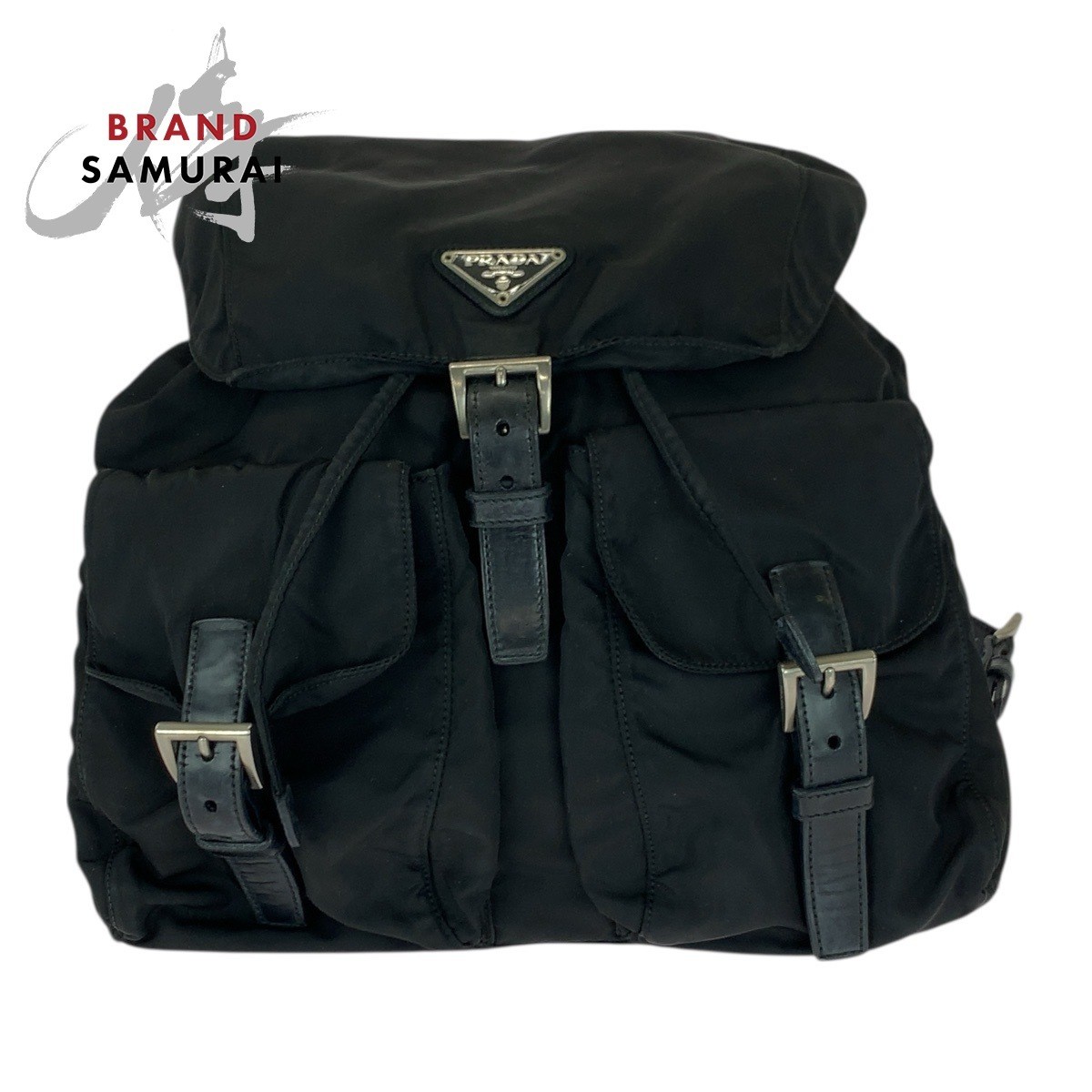 PRADA Tessuto Triangle Logo Plate Black Silver Hardware Nylon Leather Rucksack D